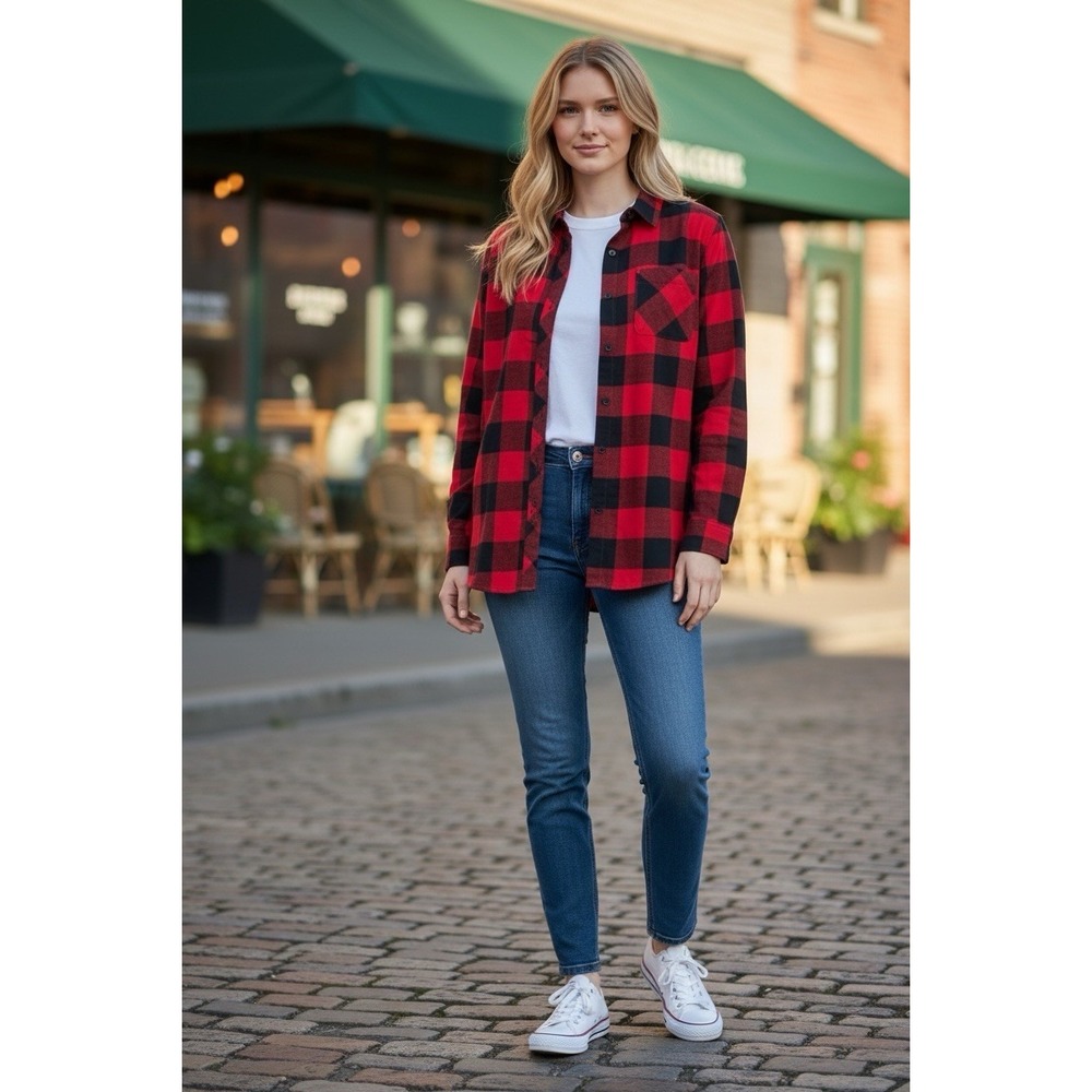 Eddie Bauer Forest Flannel Shirt Womens S Red Black Buffalo Plaid Cotton NWT